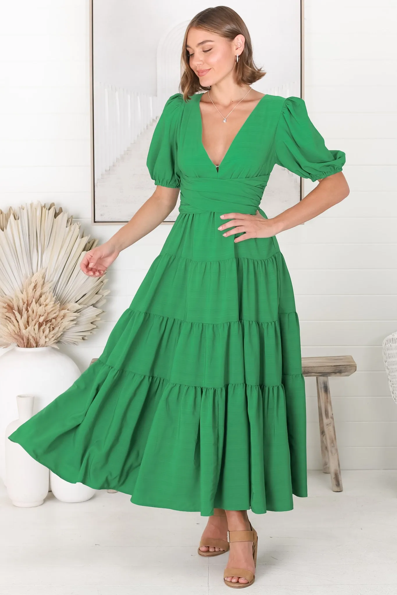 Sarelle Midi Dress - V Neck A Line Pleated Waistline Tiered Dress in Green sold by Salty Crush product image thumbnail 2
