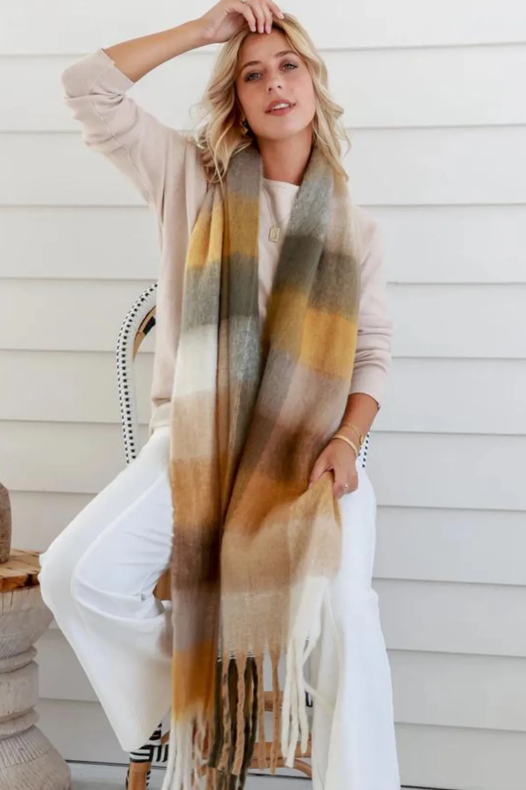 Vermont Scarf - Colour Block Scarf with Tassels in Coffee sold by Salty Crush product image thumbnail 2