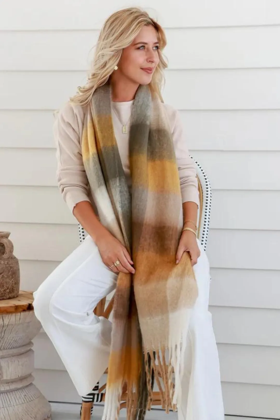 Vermont Scarf - Colour Block Scarf with Tassels in Coffee sold by Salty Crush product image thumbnail 5