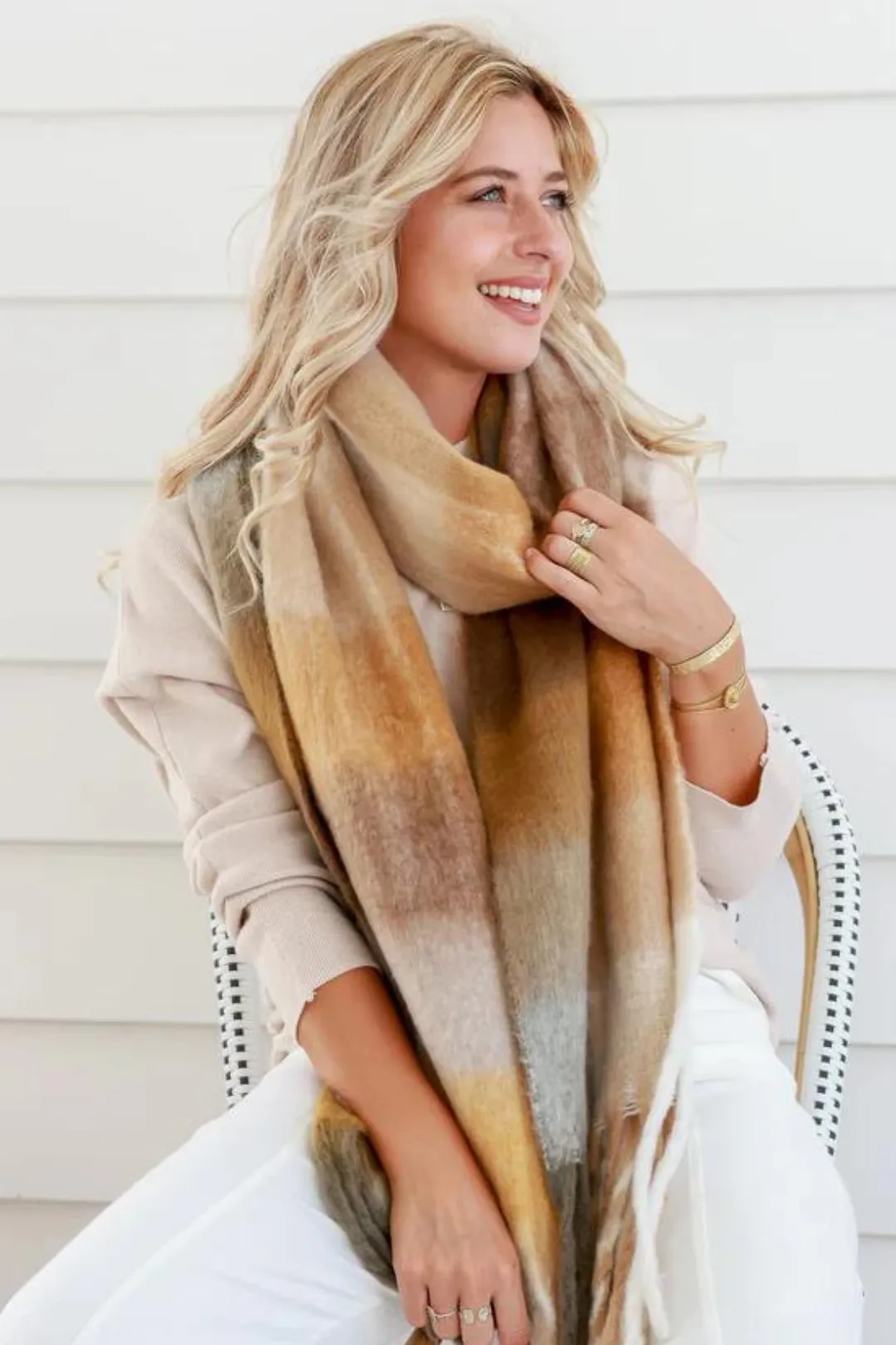 Vermont Scarf - Colour Block Scarf with Tassels in Coffee sold by Salty Crush