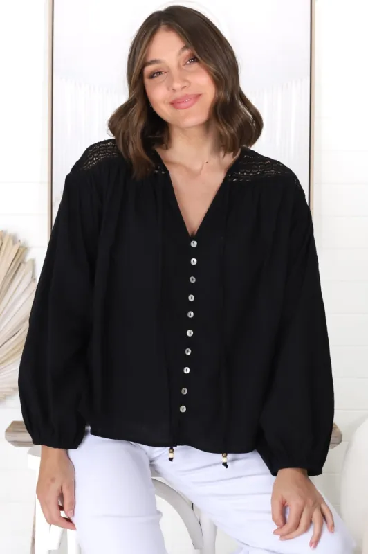 Eloah Top - Lace Shoulder Button Down with Balloon Sleeves in Black sold by Salty Crush