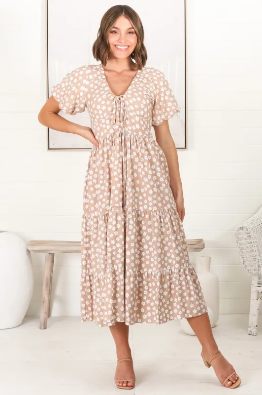 Gellina Midi Dress - Pull In V Neckline Dress with Cap Balloon Sleeves in Fawn sold by Salty Crush