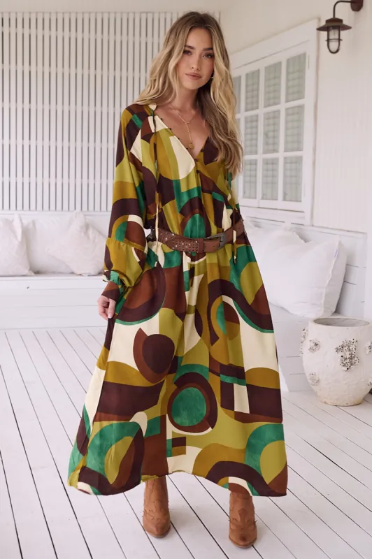 JAASE - Bree Maxi Dress: V Neckline Pull Over Dress with Long Sleeves in Bardot Print sold by Salty Crush