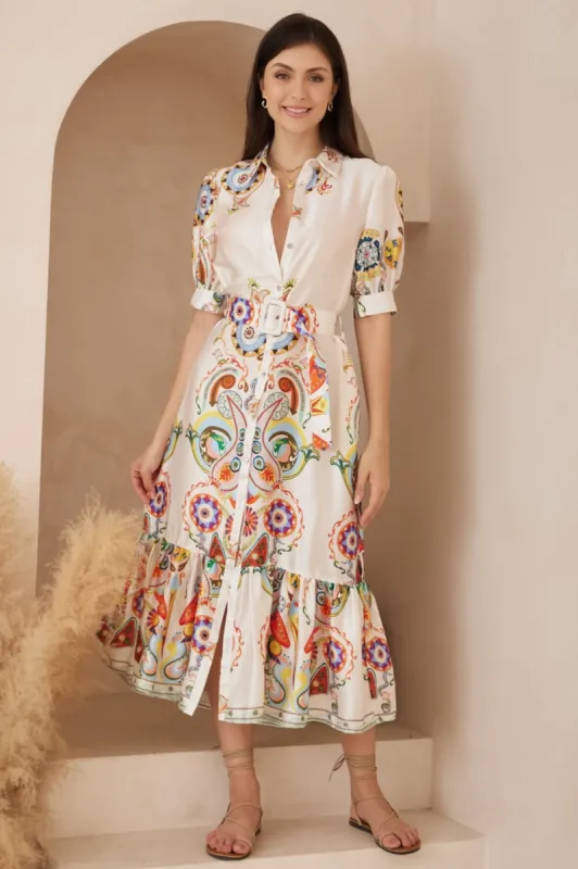 Joslyn Midi Dress - Collared Shirt Dress with Matching Belt in Tiarne Print sold by Salty Crush