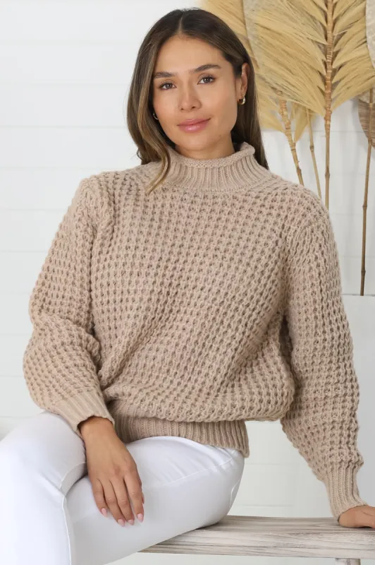 Dexter Jumper - Turtle Neck Waffle Knit Jumper in Beige sold by Salty Crush
