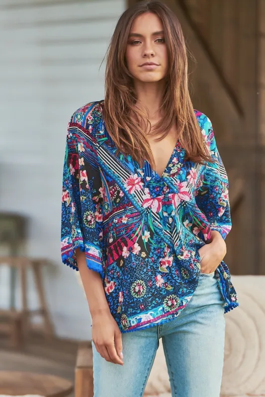 JAASE - Gabriella Top: Mandarin Collar Deep V Neck Crochet Trim Top in Rocco Print sold by Salty Crush