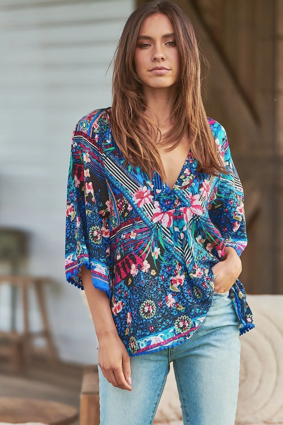 JAASE - Gabriella Top: Mandarin Collar Deep V Neck Crochet Trim Top in Rocco Print sold by Salty Crush