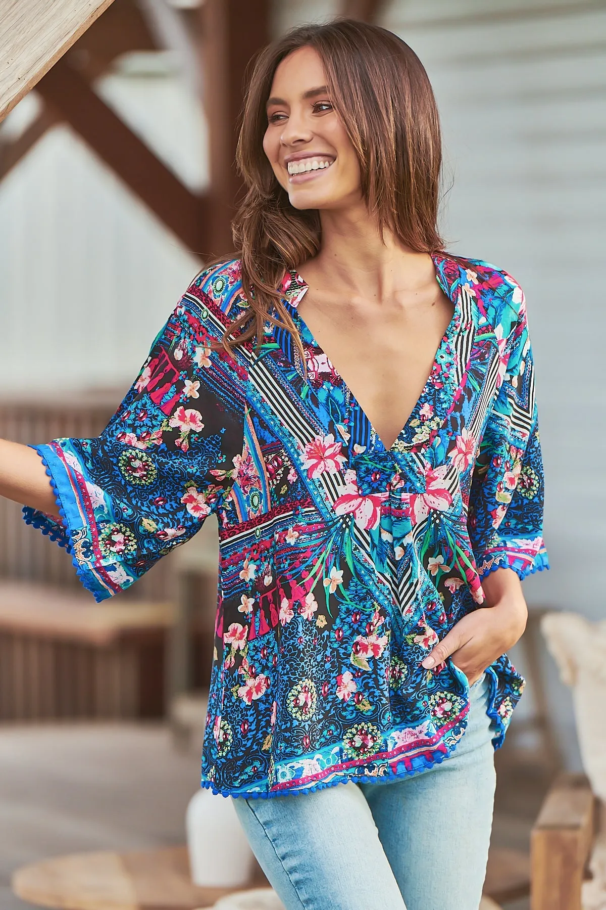 JAASE - Gabriella Top: Mandarin Collar Deep V Neck Crochet Trim Top in Rocco Print sold by Salty Crush product image thumbnail 5