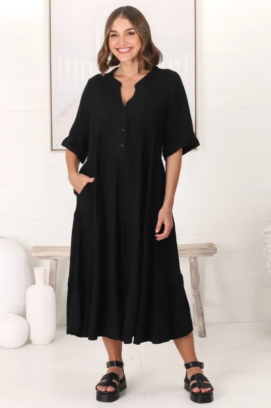 Ayva Midi Dress - 3/4 Sleeve Tiered Smock Dress in Black sold by Salty Crush