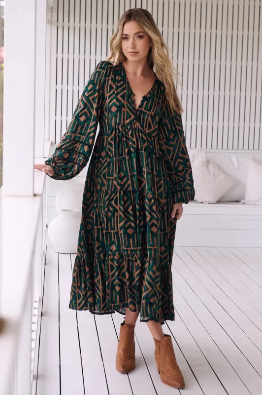 Eve Midi Dress - V Neck Tiered Dress with Long Sleeves in Emerald Print sold by Salty Crush