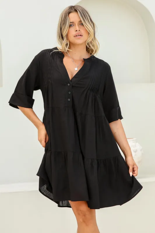 Ayva Mini Dress - 3/4 Sleeve Tiered Smock Dress in Black sold by Salty Crush