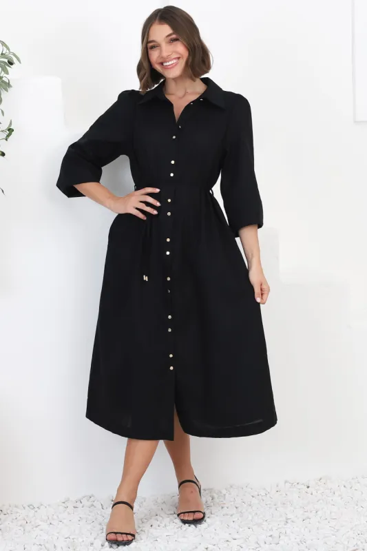 Waverly Midi Dress - Linen Button Down Dress in Black sold by Salty Crush