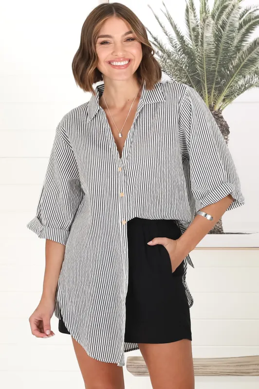 Beachly Stripe Shirt - Pin Stripe Relaxed Button Down Shirt in Black sold by Salty Crush