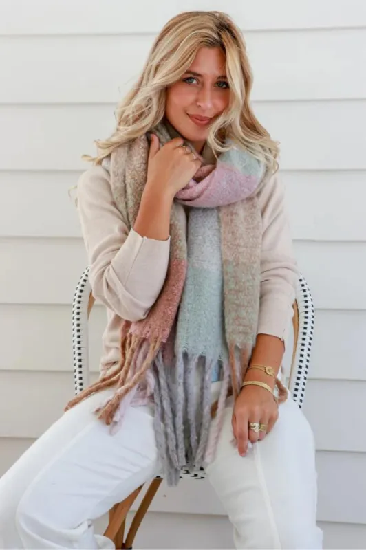 Michigan Scarf - Colour Block Scarf with Tassels in Pink/Mint sold by Salty Crush