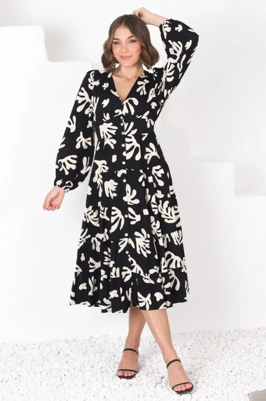 Bello Midi Dress - Button Through Dress with Balloon Sleeves in Stassie Print sold by Salty Crush