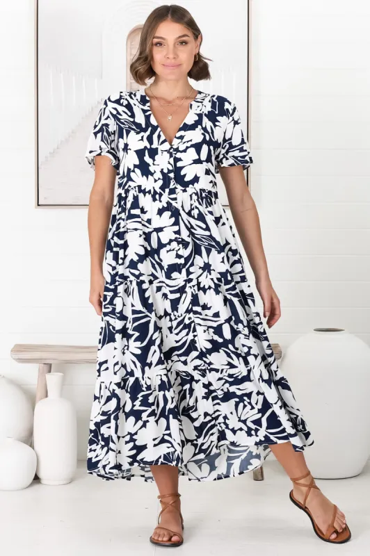Bree Midi Dress - Relaxed Mandarin Collar Button Down Tiered Dress in Charis Print Blue sold by Salty Crush