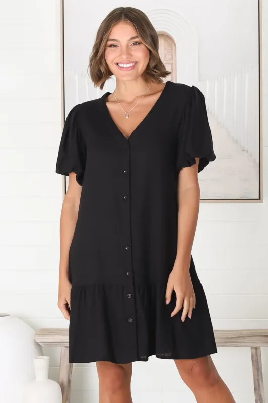 Cammy Mini Dress - V Neck Button Down Smock with Short Billow Sleeves in Black sold by Salty Crush