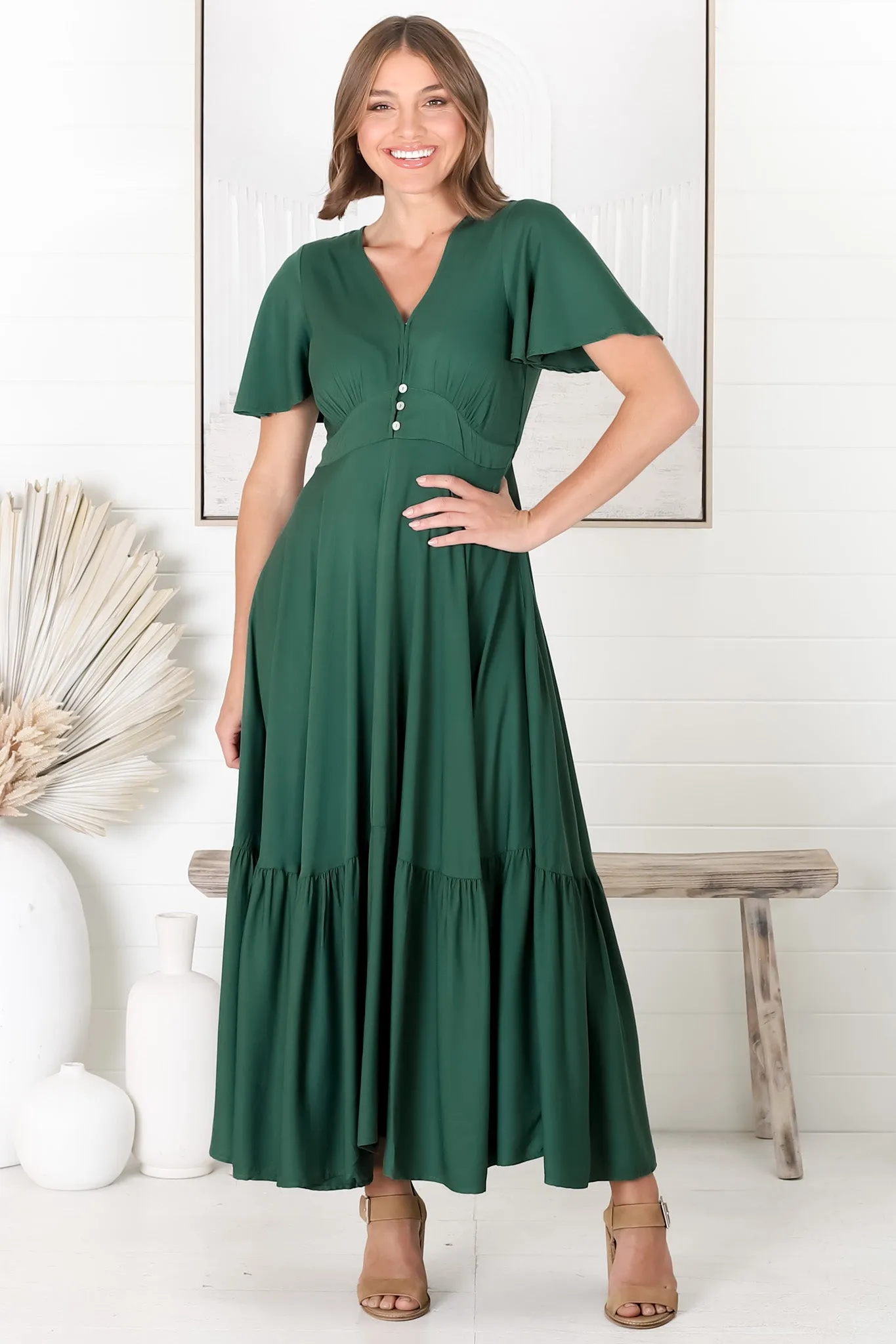 Libby Maxi Dress - Flutter Cap Sleeve Button Waist Detailed A Line Dress in Green sold by Salty Crush