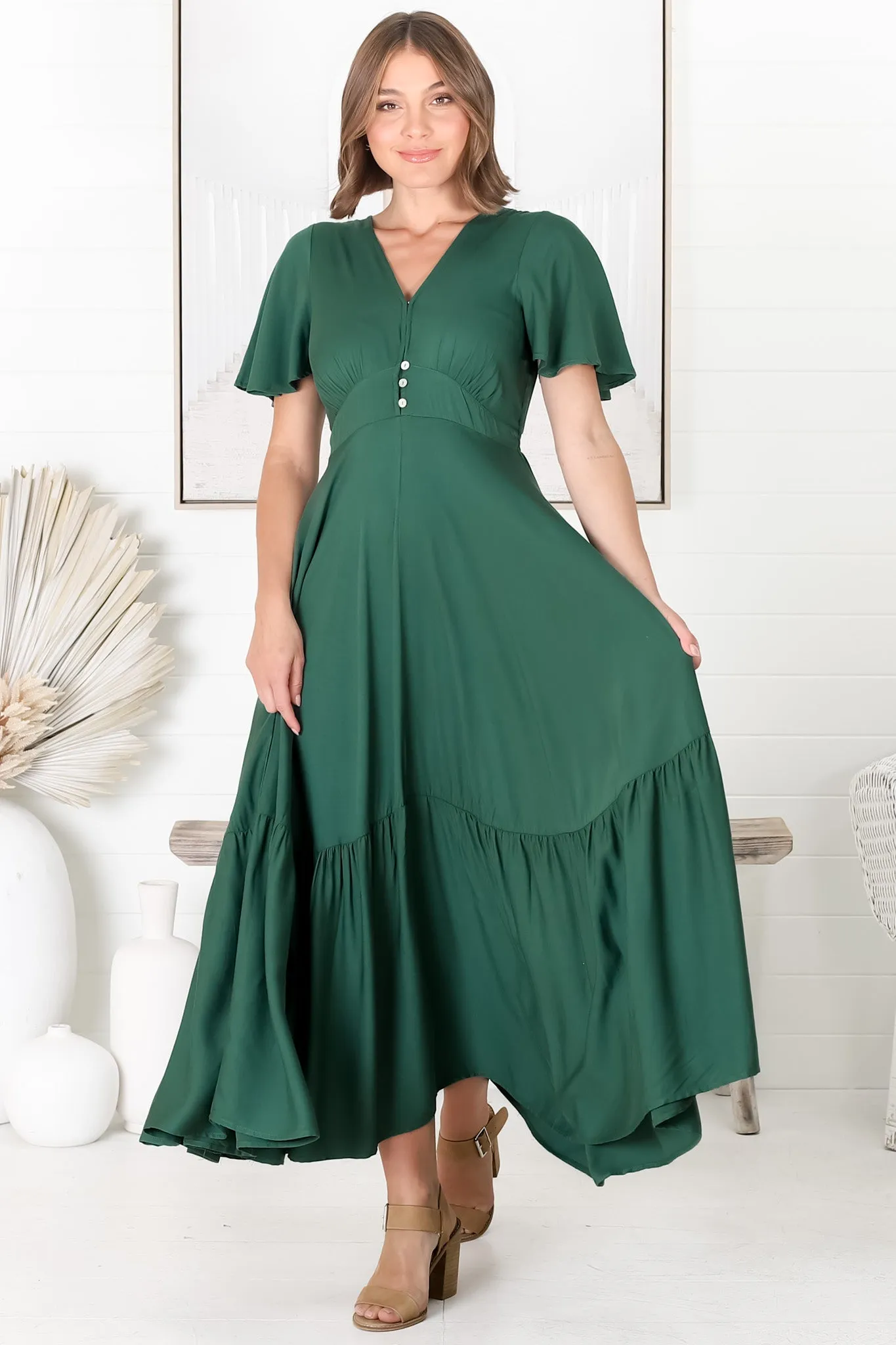 Libby Maxi Dress - Flutter Cap Sleeve Button Waist Detailed A Line Dress in Green sold by Salty Crush product image thumbnail 3