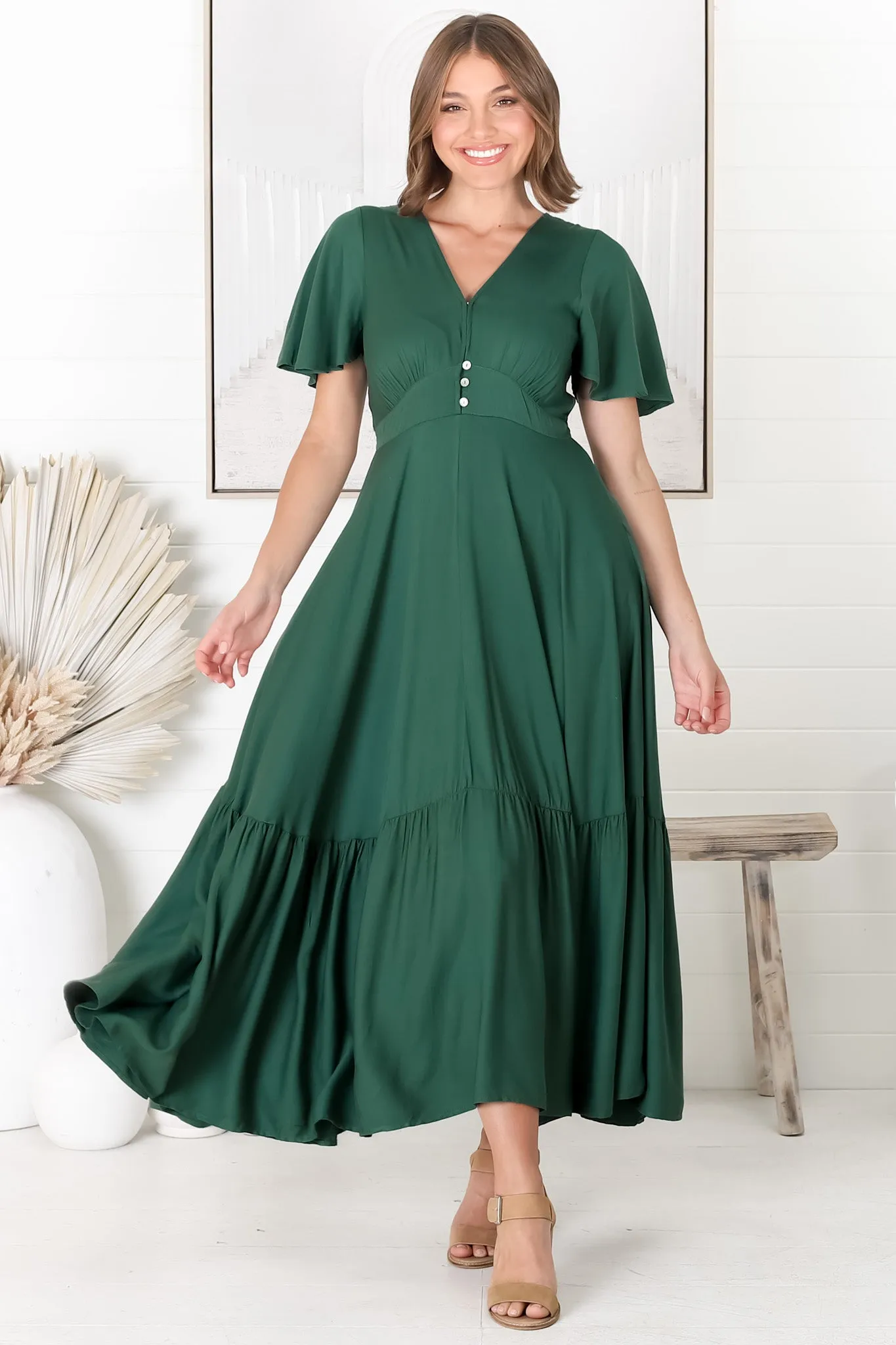 Libby Maxi Dress - Flutter Cap Sleeve Button Waist Detailed A Line Dress in Green sold by Salty Crush product image thumbnail 5