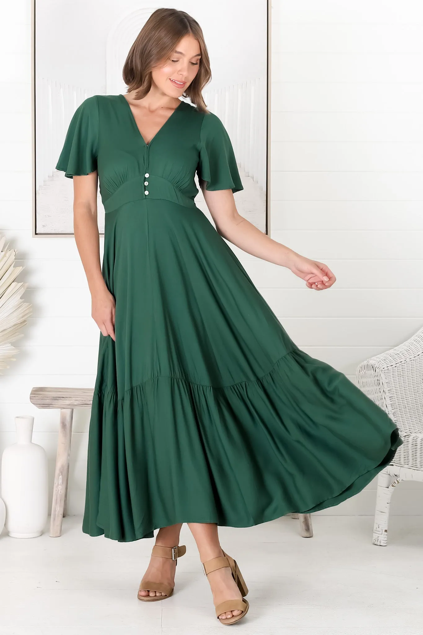Libby Maxi Dress - Flutter Cap Sleeve Button Waist Detailed A Line Dress in Green sold by Salty Crush product image thumbnail 2