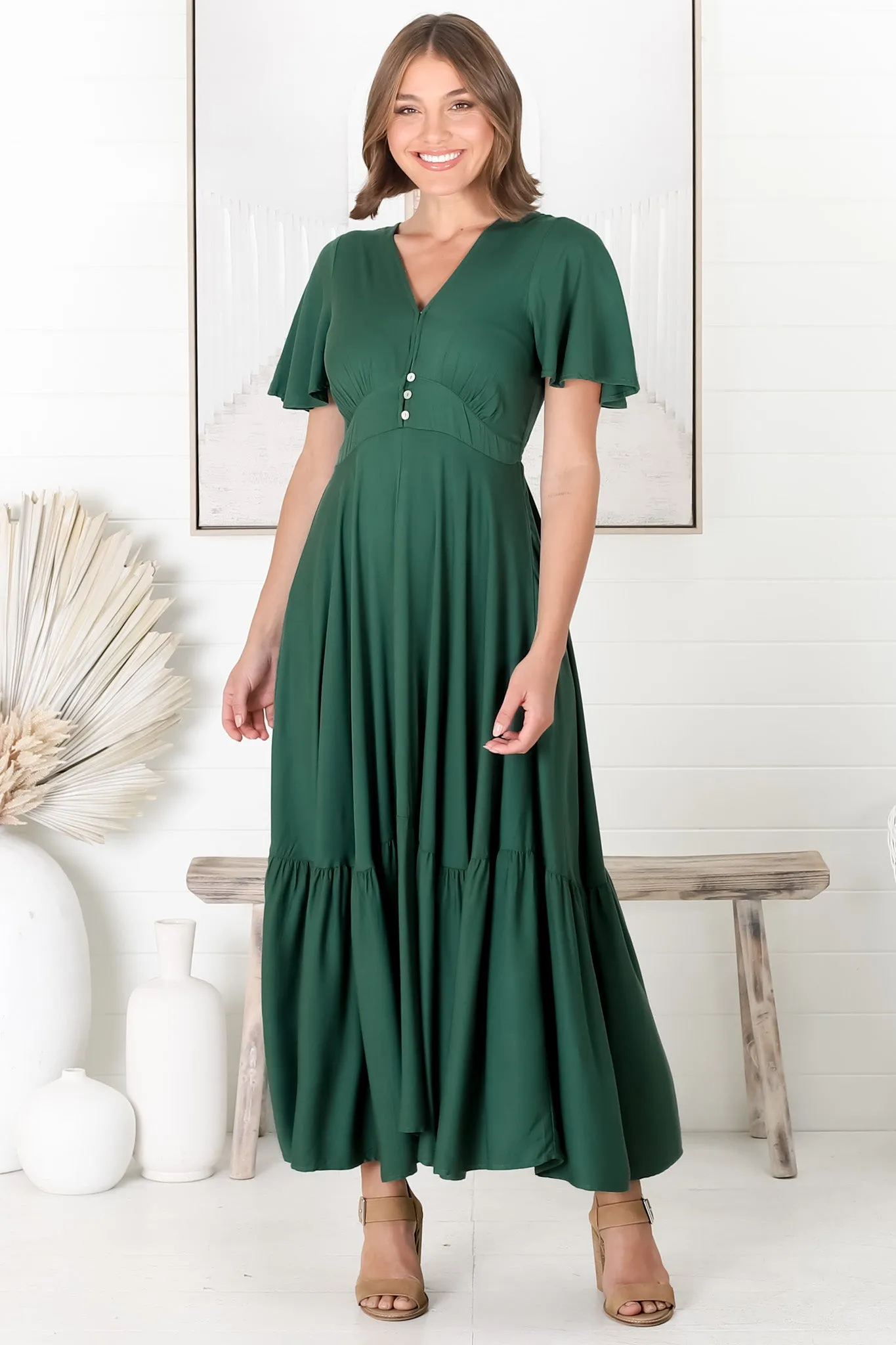 Libby Maxi Dress - Flutter Cap Sleeve Button Waist Detailed A Line Dress in Green sold by Salty Crush product image thumbnail 4