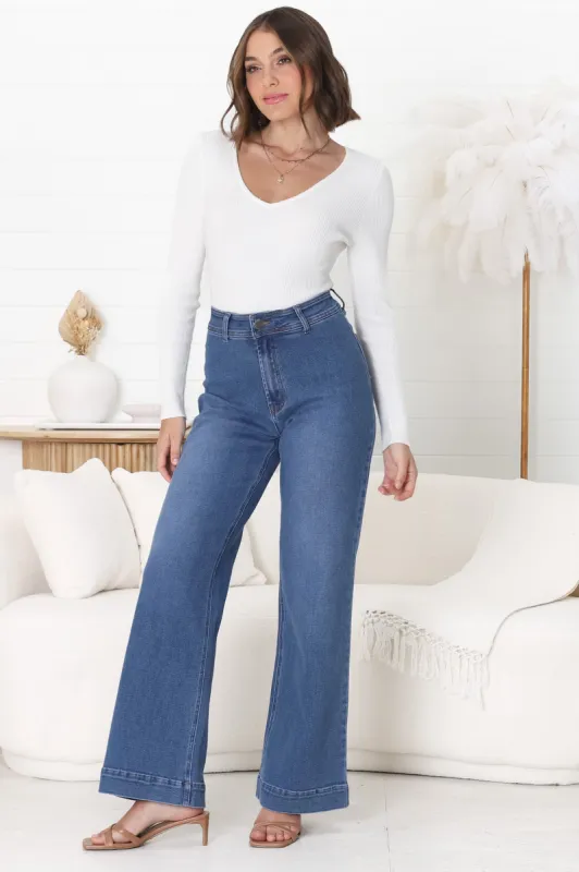 Murilo Jeans - High Waisted Flare Leg Jeans in Medium Blue Wash Denim sold by Salty Crush