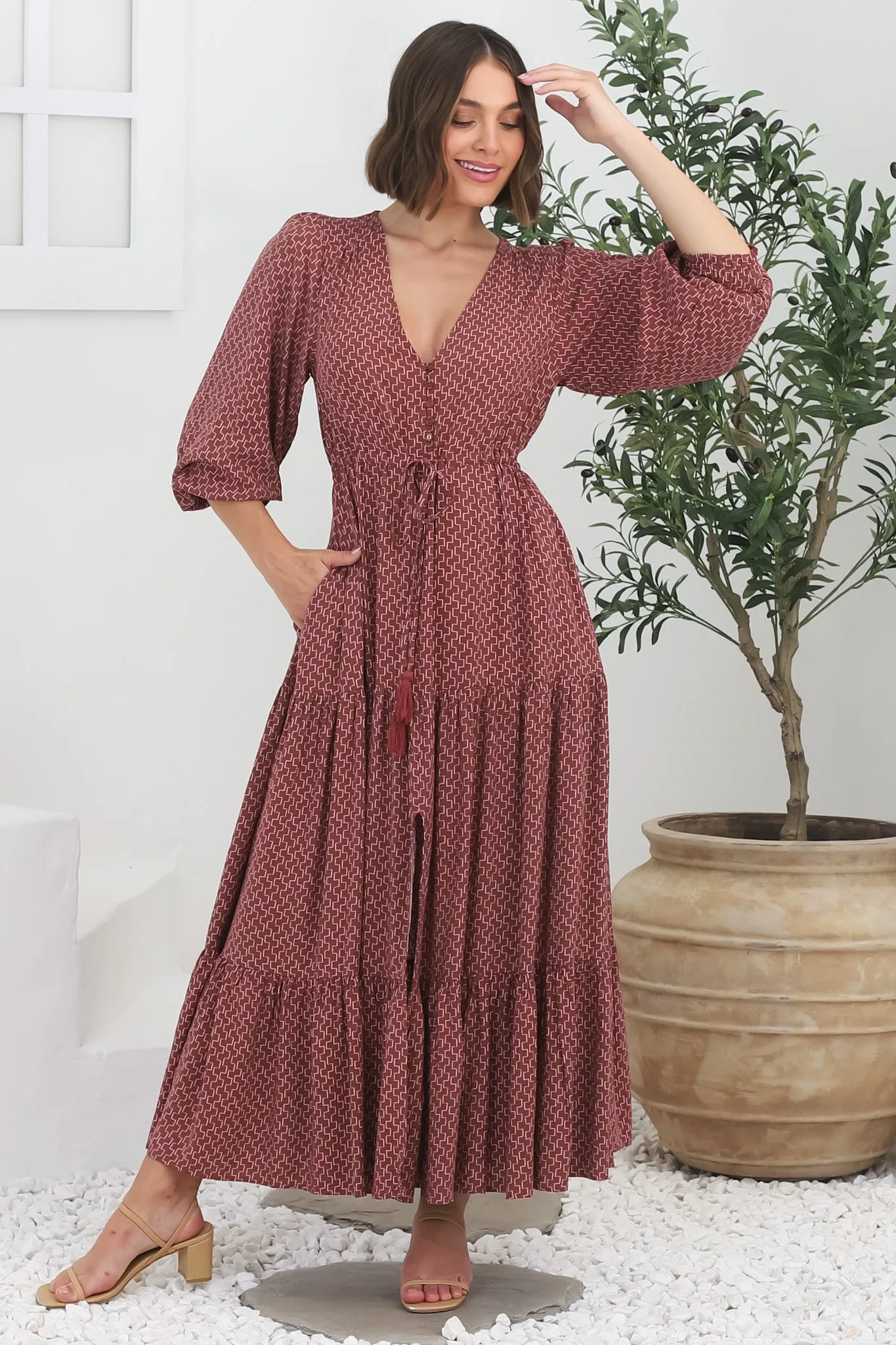 Kass Maxi Dress - Buttoned Bodice Pull In Waist Dress in Hazel Print sold by Salty Crush