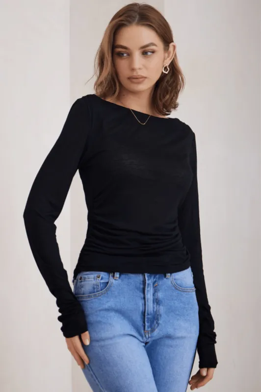 Amanda Top - Boat Neck Basic Top with Long Sleeves in Black sold by Salty Crush
