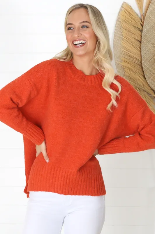 Sammy Jumper - Crew Neck Ribbed Shark Bite Hemline Jumper in Orange sold by Salty Crush