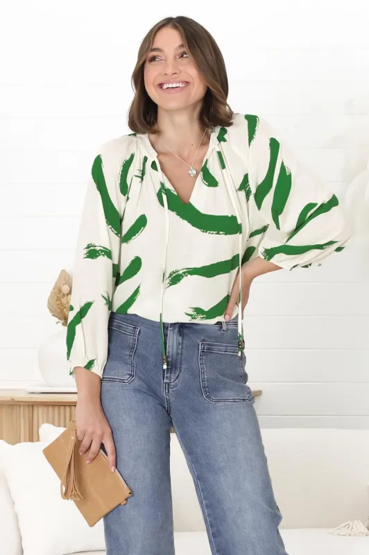 Silvie Blouse - Mandarin Collar V Neck Pull Over Blouse in Zala Print Green sold by Salty Crush