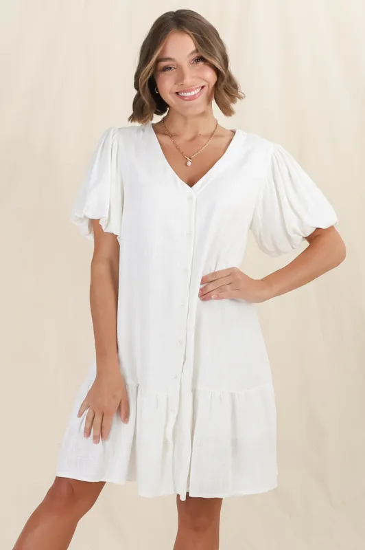Cammy Mini Dress - V Neck Button Down Smock with Short Billow Sleeves in White sold by Salty Crush