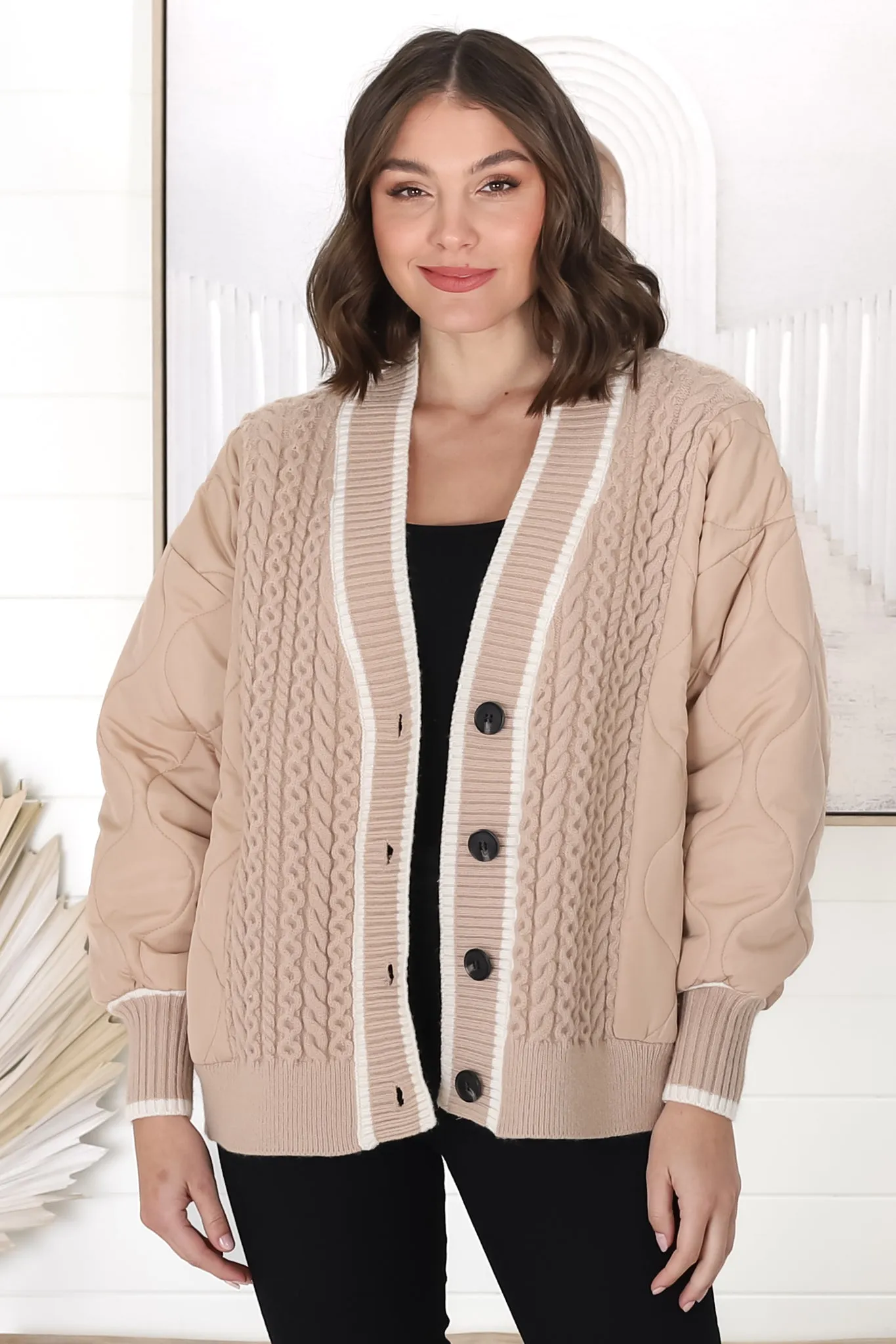 Acer Jacket - Cable Knit Front with Puffer Sleeve Jacket in Fawn sold by Salty Crush
