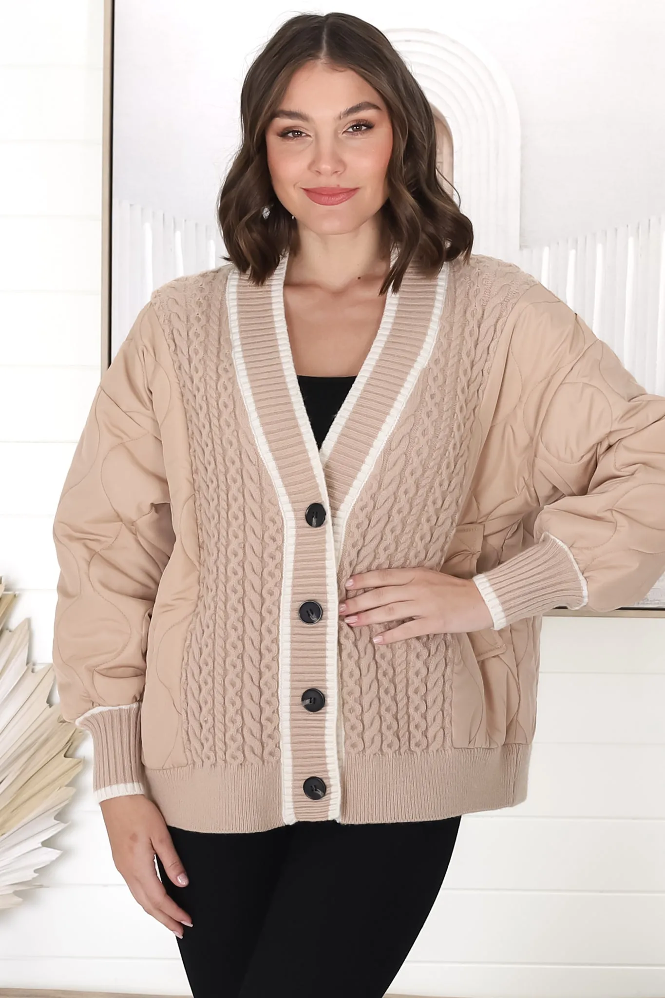 Acer Jacket - Cable Knit Front with Puffer Sleeve Jacket in Fawn sold by Salty Crush product image thumbnail 5