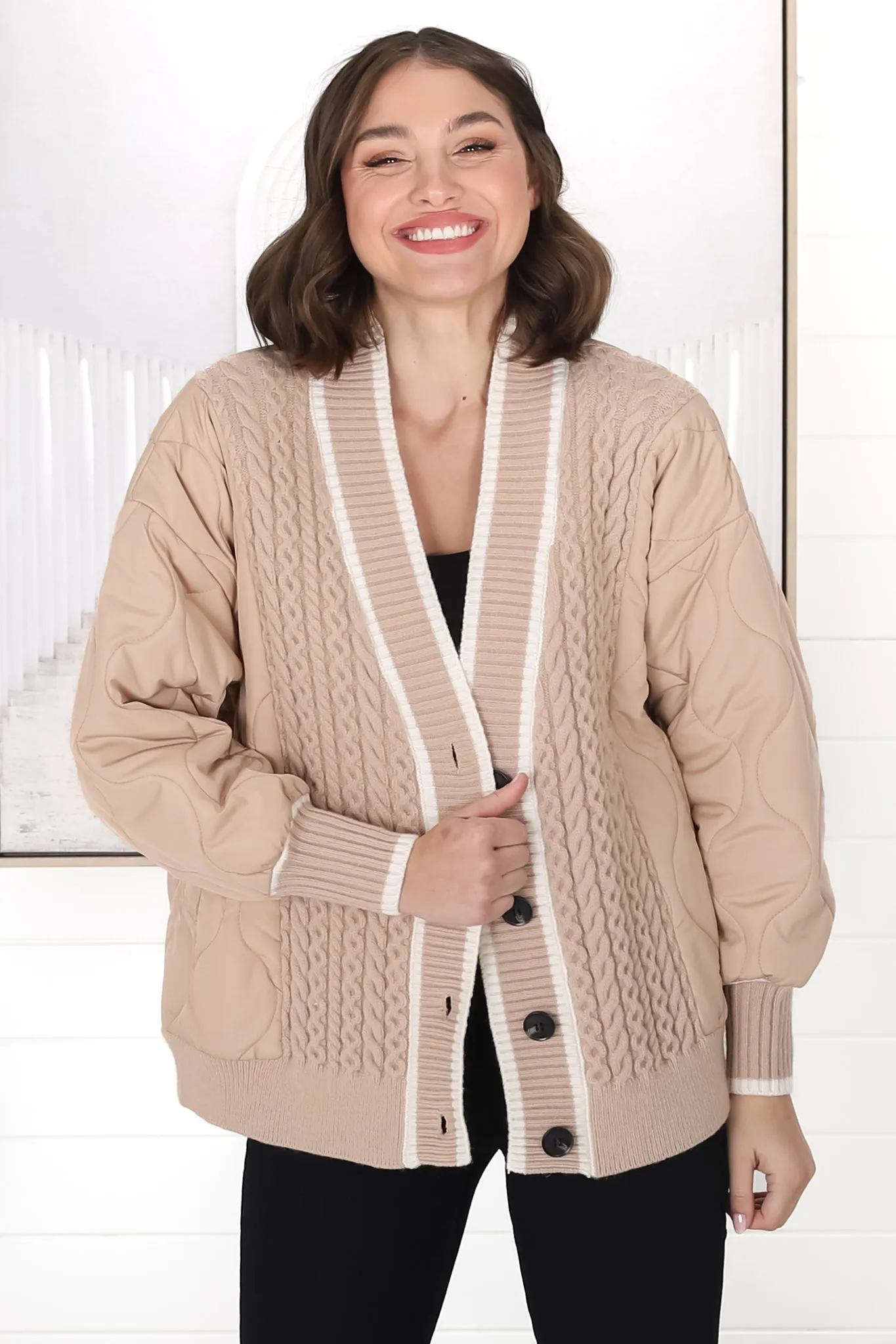Acer Jacket - Cable Knit Front with Puffer Sleeve Jacket in Fawn sold by Salty Crush product image thumbnail 4