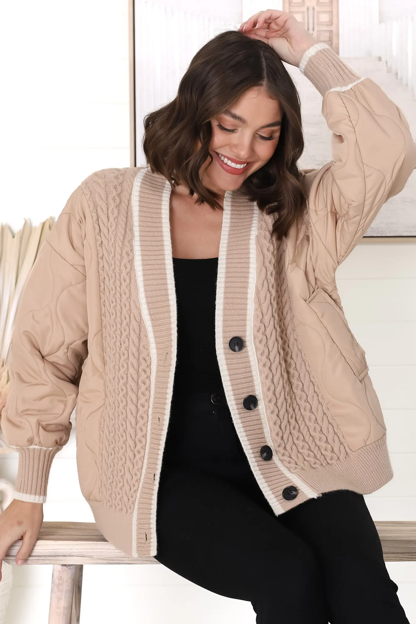 Acer Jacket - Cable Knit Front with Puffer Sleeve Jacket in Fawn sold by Salty Crush product image thumbnail 3