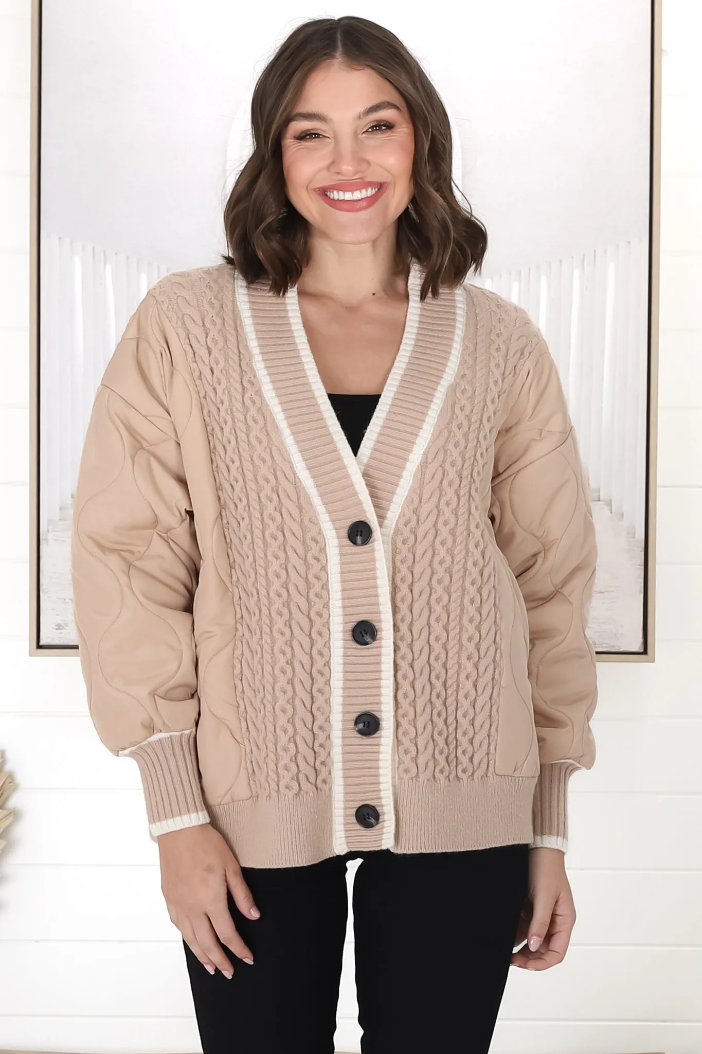 Acer Jacket - Cable Knit Front with Puffer Sleeve Jacket in Fawn sold by Salty Crush product image thumbnail 2
