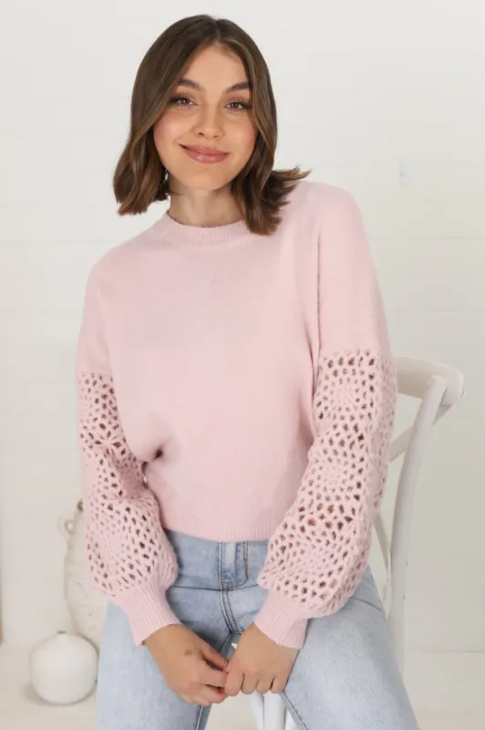 Roland Jumper -  Crew Neck Open Knit Sleeve Jumper in Pink sold by Salty Crush