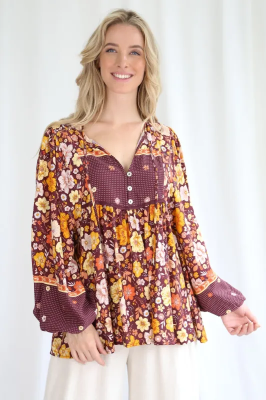 Loribel Blouse - V Neck Smock Top With Long Balloon Sleeves In Floral Print sold by Salty Crush