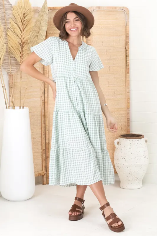 Milla Midi Dress - Tiered Button Down Dress in Gingham Mistee Print Green sold by Salty Crush