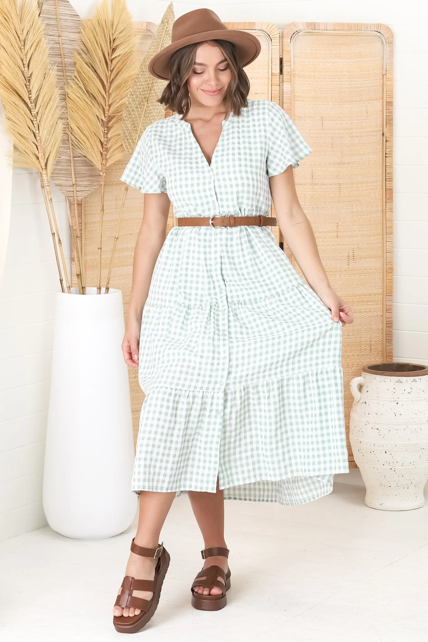 Milla Midi Dress - Tiered Button Down Dress in Gingham Mistee Print Green sold by Salty Crush product image thumbnail 4