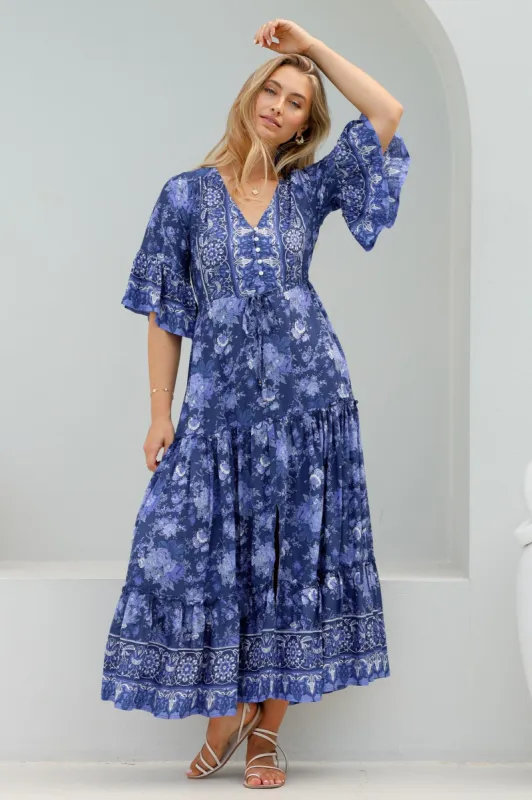 Sky Maxi Dress - A Line Dress with Front Split and Flute Sleeves in Janger Print sold by Salty Crush