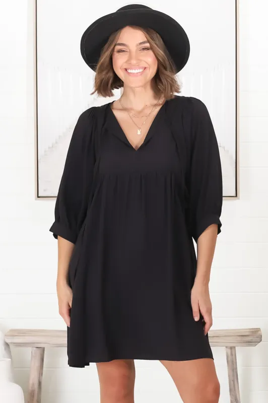 Mariah Mini Dress - V Neck Smock Dress with Batwing Sleeves in Black sold by Salty Crush