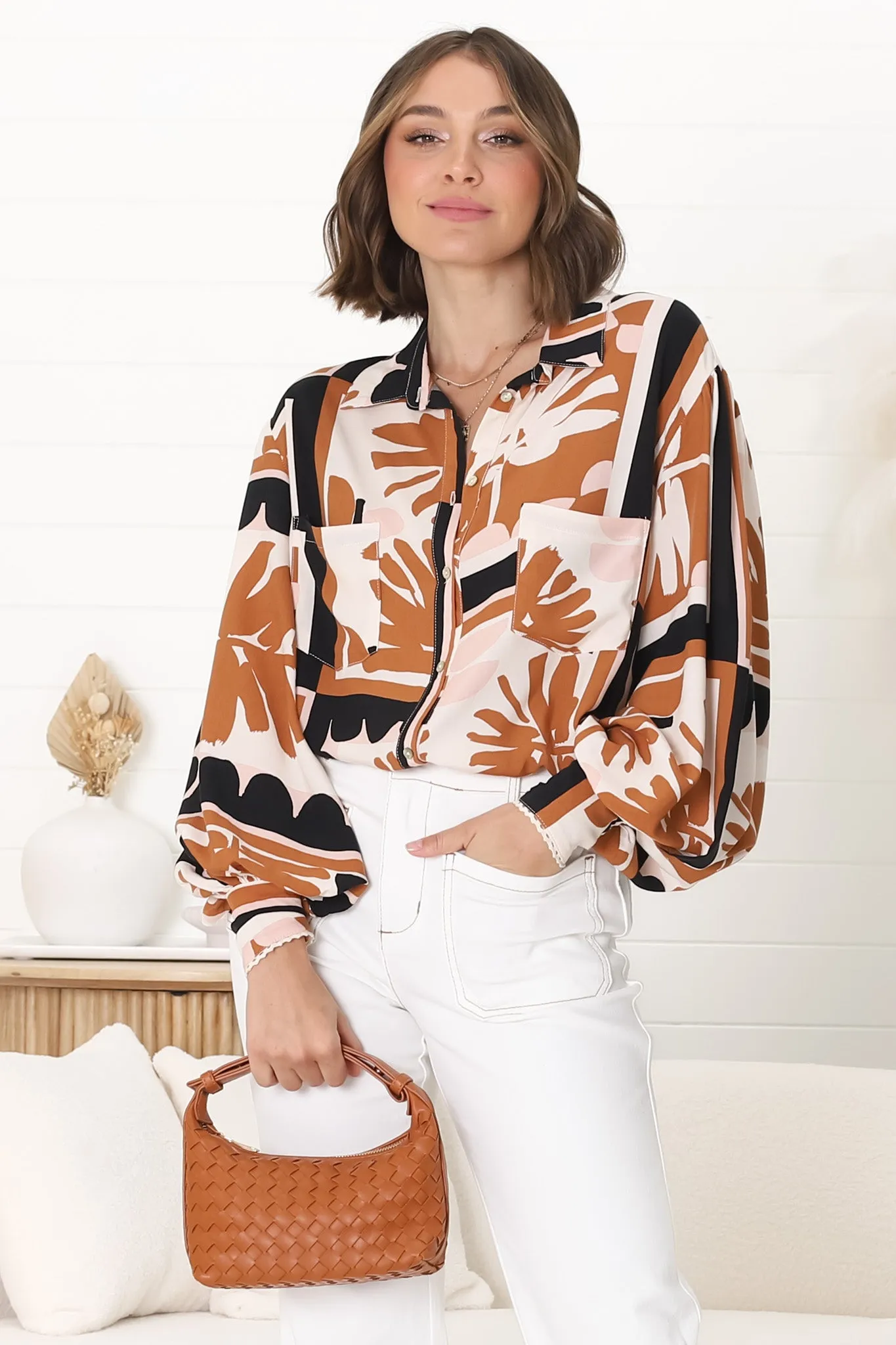 Evana Blouse - Oversized Button Down in Zuni Print sold by Salty Crush