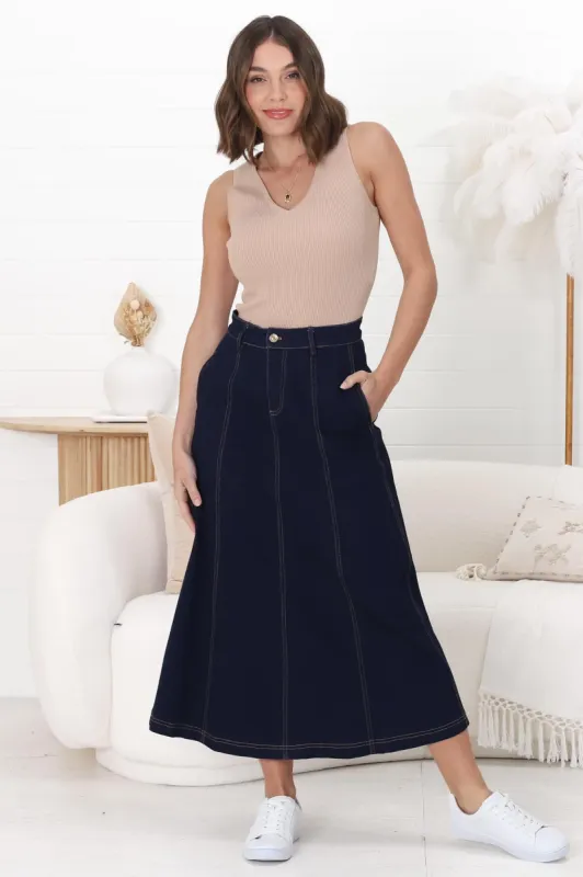 Delta Denim Midi Skirt - A Line Skirt with Contrast Stitching in Raw Denim sold by Salty Crush
