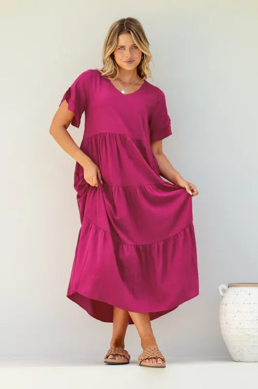 Ame Midi Dress - V Neck Frill Sleeve Tiered Dress in Magenta sold by Salty Crush