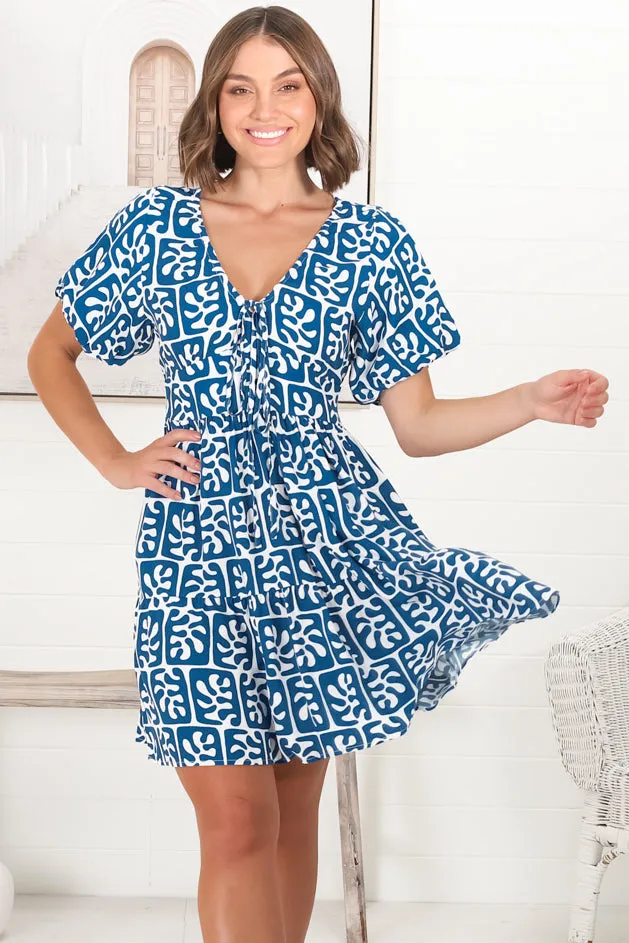 Lilly Mini Dress - Adjustable V Neckline Dress with Cap Sleeves in Davey Print Blue sold by Salty Crush product image thumbnail 4