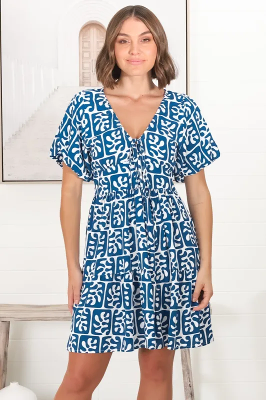 Lilly Mini Dress - Adjustable V Neckline Dress with Cap Sleeves in Davey Print Blue sold by Salty Crush