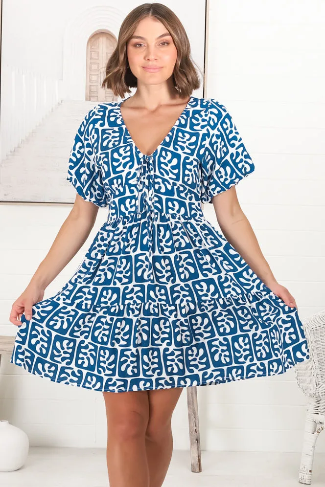 Lilly Mini Dress - Adjustable V Neckline Dress with Cap Sleeves in Davey Print Blue sold by Salty Crush product image thumbnail 2
