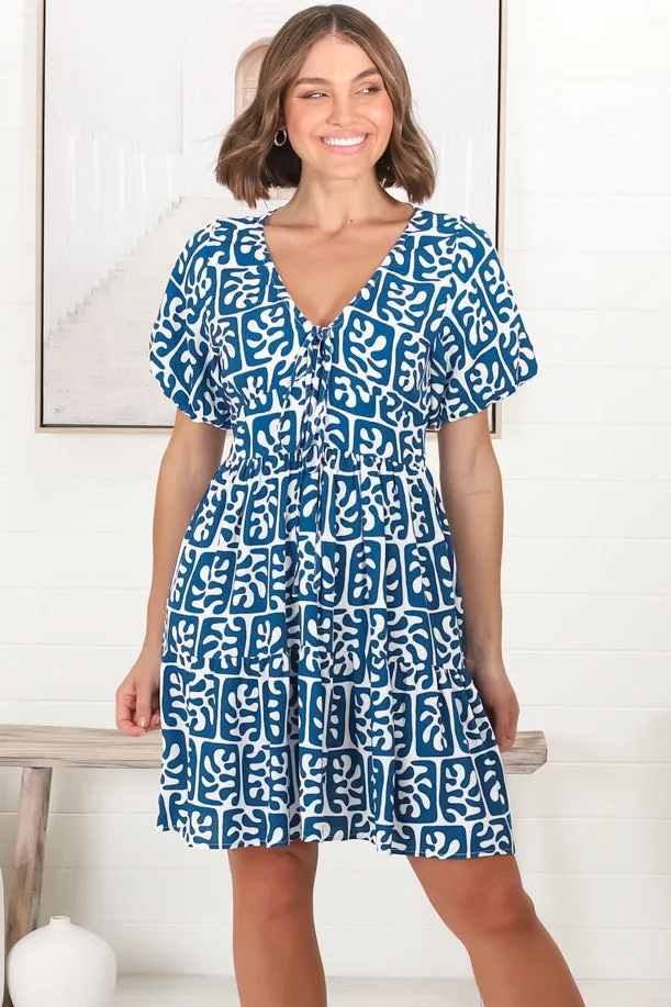 Lilly Mini Dress - Adjustable V Neckline Dress with Cap Sleeves in Davey Print Blue sold by Salty Crush product image thumbnail 3